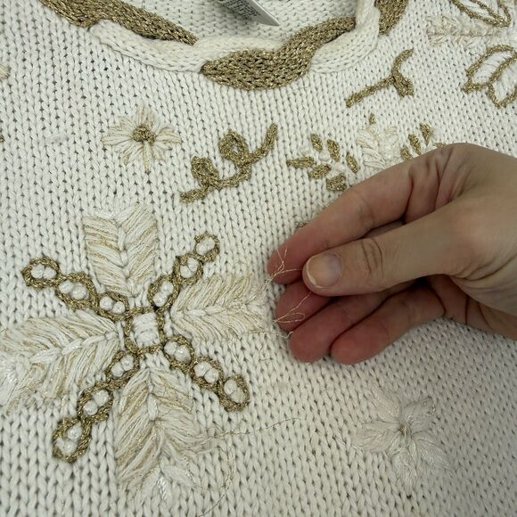 Vtg Snowflake Sweater XL Cream Gold Metallic Woven Knit Holiday Winter Grandma - Picture 4 of 15